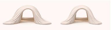 A beige, arch-shaped bench that appears to be made of a soft, pliable material. The bench has a smooth, matte finish with visible vertical pleats or folds that drape from the arch's apex to the base, creating a sense of soft drapery. The interior of the arch is hollow, suggesting it could be a functional bench with a unique, sculptural form. — 3D model