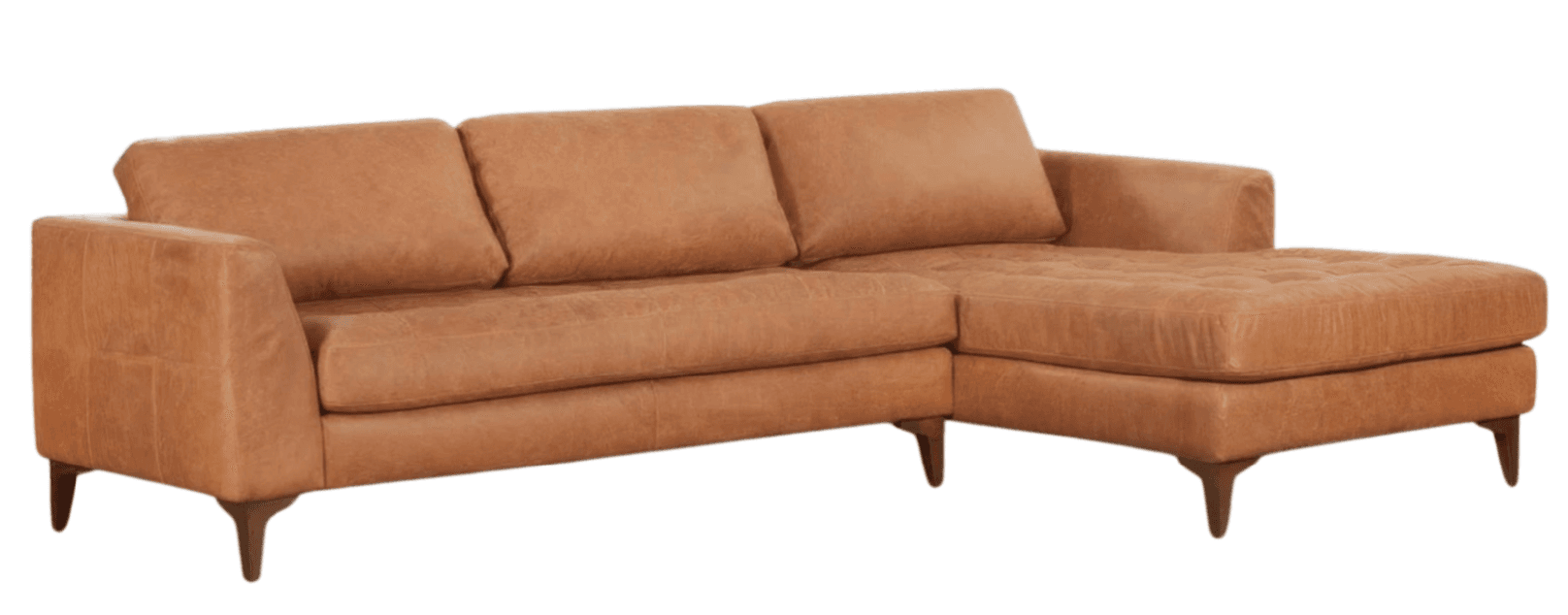 A contemporary sectional sofa upholstered in tan leather, featuring a right-hand facing chaise lounge, plush back cushions, and tapered wooden legs. The chaise seat is tufted. — 3D model