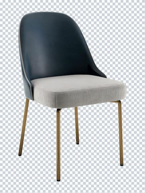 A modern dining chair with a curved backrest and a cushioned seat. The backrest is upholstered in a dark blue material, possibly leather or faux leather, with a contrasting light gray piping along the edge. The seat is upholstered in a textured light gray fabric. It is supported by four slender, angled metal legs with a brass or gold finish. — 3D model