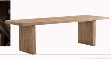 A long, rectangular dining table with a solid wood top and two sturdy, block-style legs. The design is minimalist and modern, emphasizing the natural grain and texture of the wood. — 3D model