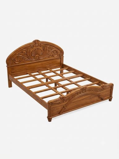 A traditional wooden bed frame, likely a double or queen size, featuring extensive ornate carvings on both the headboard and footboard. The headboard is significantly taller and more elaborate, with a central seashell motif surrounded by acanthus leaves and scrolls. The footboard has similar, though less pronounced, carved detailing. The frame includes a grid of wooden slats designed to support a mattress directly, indicating it does not require a box spring. The wood has a warm, medium brown finish. — 3D model