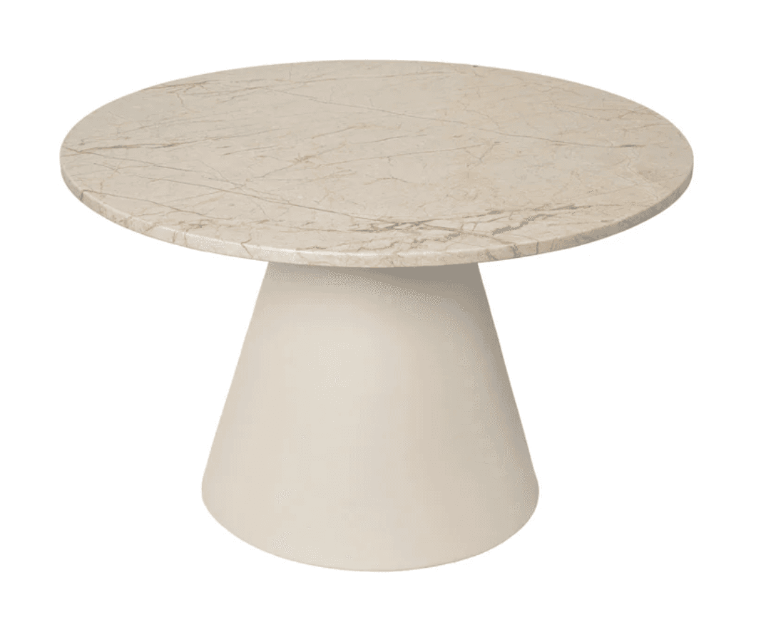 A round dining table with a marble top and a conical base. The tabletop exhibits a natural marble veining pattern. The base is smooth and solid. — 3D model