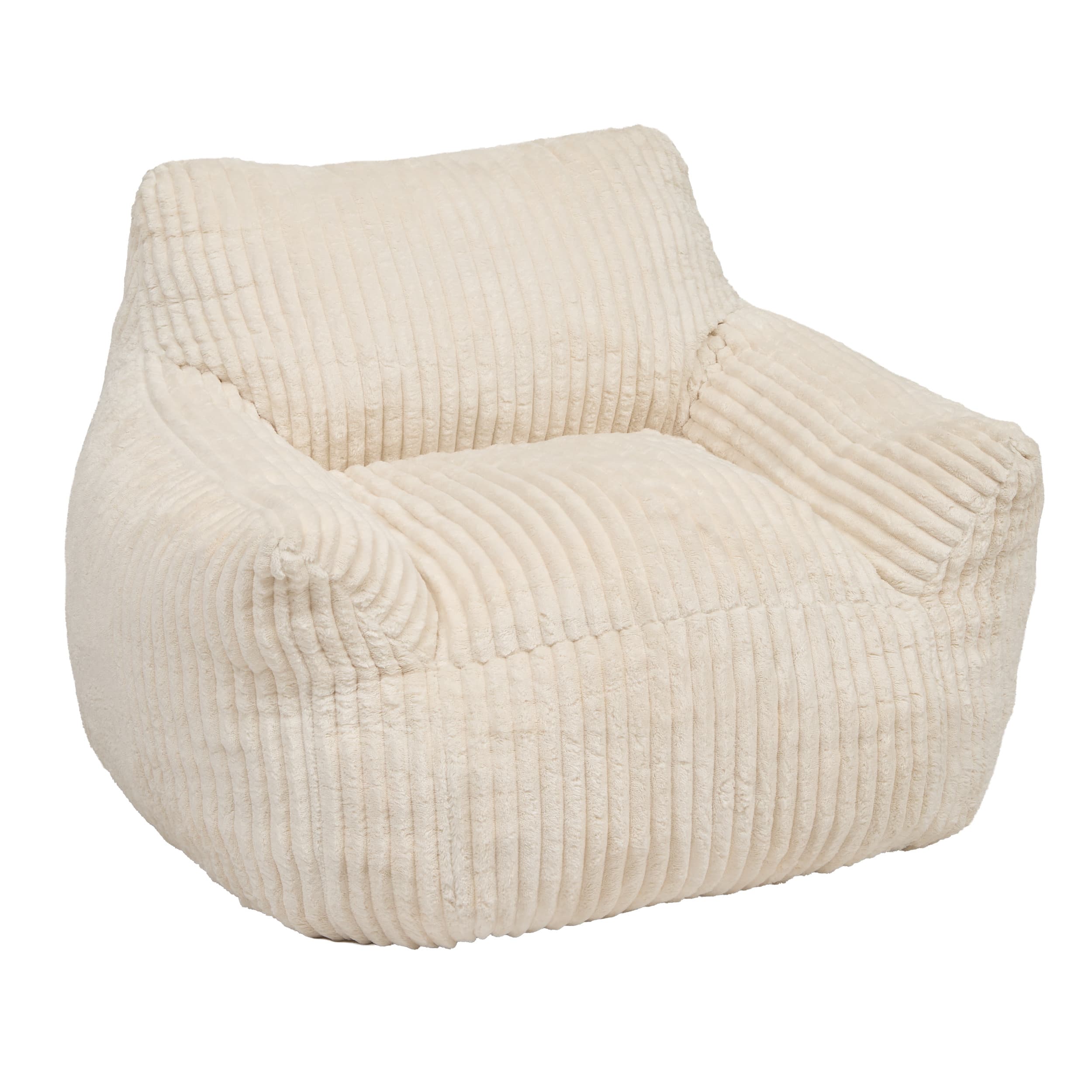 A light beige, structured bean bag chair upholstered in a wide-ribbed corduroy-like fabric, featuring defined armrests and a backrest, designed for casual lounging. — 3D model