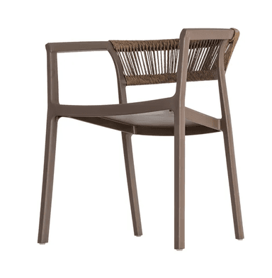A modern armchair with a durable synthetic frame and a woven backrest. The seat is a solid molded piece. The chair has four legs and armrests. — 3D model