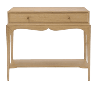 A narrow console table with a single drawer and a lower shelf. The table has a rectangular top and four legs. The apron below the drawer has a decorative, undulating shape. The drawer is fitted with a small brass knob. The lower shelf is rectangular and connects the legs. — 3D model
