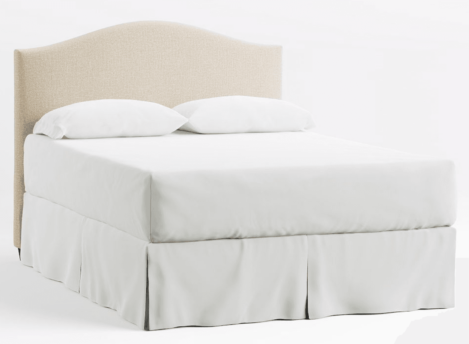 A neutral-toned upholstered bed featuring a headboard with a gently arched top. The bed includes a mattress, two white pillows, and a bed skirt in a light, neutral color, likely beige or off-white. The headboard fabric appears to be a textured linen or similar upholstery. — 3D model
