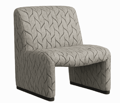 A modern, armless slipper chair upholstered in a grey fabric with a dark grey abstract leaf or vine pattern. The chair features a low-profile seat and back, with the back extending downwards to form two supports. The overall design is sleek and contemporary. — 3D model
