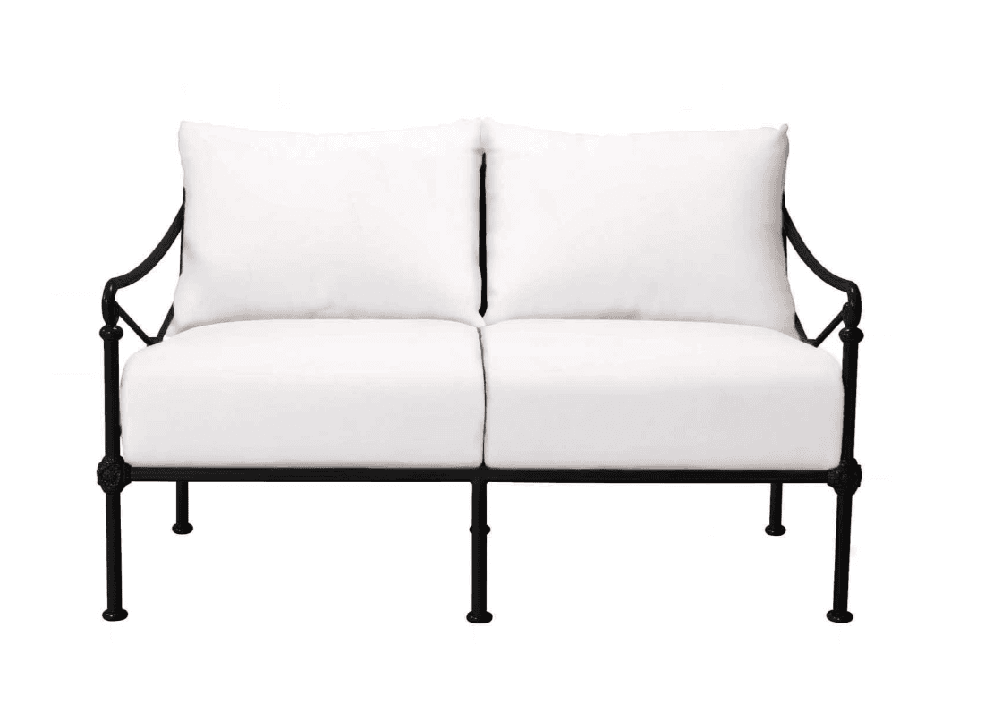 A two-seater sofa with a black metal frame and white upholstered cushions. The frame features curved armrests and decorative elements on the legs and armrest joints. The seat and back cushions are separate and appear to be plush. — 3D model