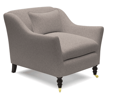 A single-seater armchair upholstered in a light grey textured fabric. The chair features a high back that curves gently into the arms, a deep seat cushion, and a lumbar pillow. It is supported by four dark wooden legs with brass casters on the front two legs. — 3D model