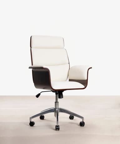 A modern swivel office chair featuring a contoured dark wood veneer shell, white upholstered seating and backrest, and a polished metal five-star base with casters and an adjustable height mechanism. — 3D model