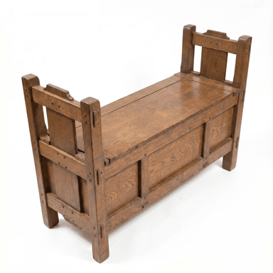 A robust, rectangular wooden bench constructed from solid oak, featuring a lift-top seat that reveals internal storage. The design exhibits classic Arts and Crafts characteristics with exposed joinery, straight lines, and a sturdy, plank-like construction. It has a high backrest and closed armrests with a slight overhang, adding to its architectural presence. The wood displays a warm, medium brown finish with a visible grain. — 3D model