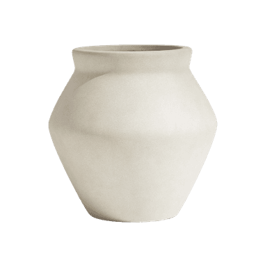 A minimalist, light beige ceramic vase with a smooth, matte finish. The vase features a wide, gently fluted rim that tapers inward slightly before expanding into a bulbous body, then narrowing towards a stable, flat base. Its contemporary design emphasizes clean lines and a soft, uniform texture. — 3D model
