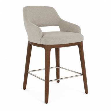 A modern bar stool with a upholstered seat and backrest, supported by wooden legs and a metal footrest. — 3D model
