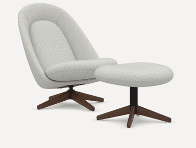 A contemporary upholstered swivel lounge chair with a matching ottoman, both featuring a light, textured fabric and dark wooden star bases. — 3D model