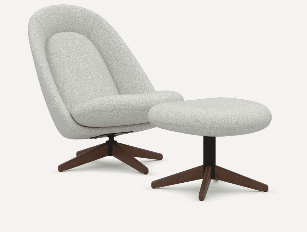 A contemporary upholstered swivel lounge chair with a matching ottoman, both featuring a light, textured fabric and dark wooden star bases. — 3D model