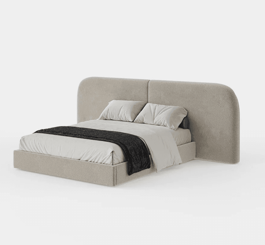 A contemporary upholstered platform bed featuring a low-profile base and a large, rounded headboard, all clad in a light beige textured fabric. The headboard extends significantly beyond the mattress width. — 3D model
