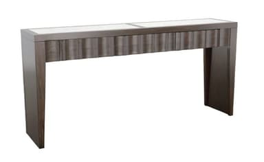 A long, narrow console table with a dark wood frame and a marble top. The top is divided into two rectangular sections of white marble with gray veining. The front apron of the table features a decorative carved pattern with scalloped edges. The table has two legs at the front and a solid panel support at the back, suggesting it is designed to be placed against a wall. — 3D model