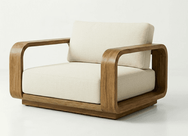 A modern armchair with a distinctive rounded wooden frame and upholstered seat and back cushions. The armchair features a low profile and wide arms with a smooth, curved finish. The base is a solid wooden platform that supports the entire structure. — 3D model