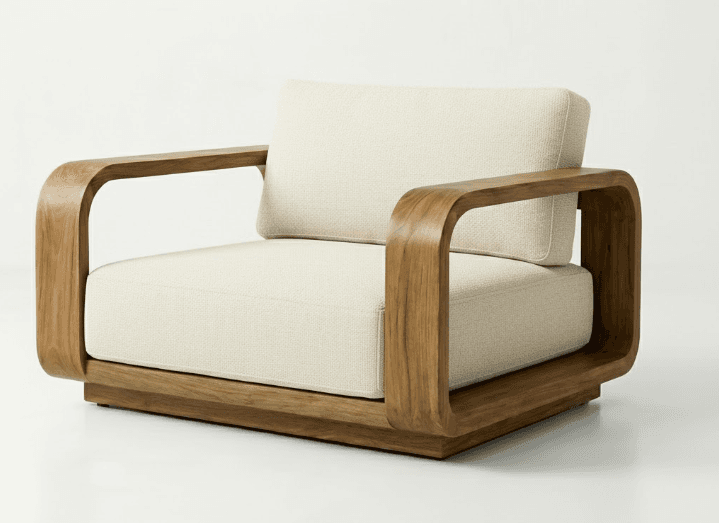 A modern armchair with a distinctive rounded wooden frame and upholstered seat and back cushions. The armchair features a low profile and wide arms with a smooth, curved finish. The base is a solid wooden platform that supports the entire structure. — 3D model