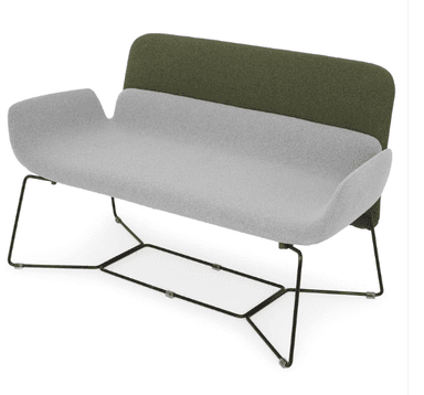 A modern two-seater sofa with a distinctive design. The seat and armrests are upholstered in a light grey, textured fabric, while the backrest is a contrasting dark olive green, also textured. The sofa features a curved, flowing silhouette for the seat and arms. It is supported by a minimalist, black metal frame with a geometric, open-leg design. — 3D model