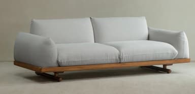 A two-seater sofa with a light grey upholstered body and a low-profile wooden base. The sofa features rounded armrests that extend slightly outwards and a minimalist design. The base is constructed from light-colored wood, possibly teak or oak, with subtle, angular legs. — 3D model