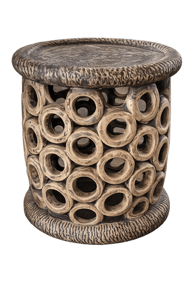 A cylindrical, handcrafted accent table or stool featuring an intricate, openwork body composed of numerous interconnected circular elements. The top surface and base are finished with a deeply textured, organic ripple pattern. — 3D model
