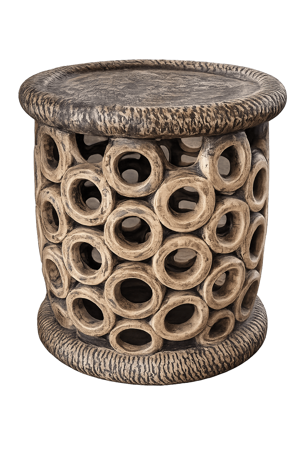 A cylindrical, handcrafted accent table or stool featuring an intricate, openwork body composed of numerous interconnected circular elements. The top surface and base are finished with a deeply textured, organic ripple pattern. — 3D model