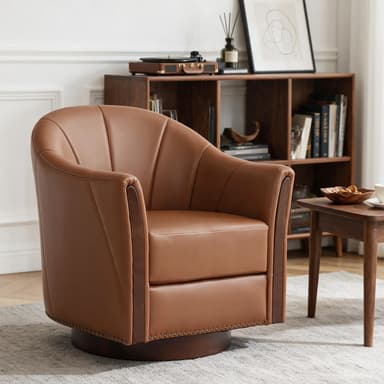 A stylish Art Deco style swivel barrel armchair, upholstered in a rich brown leather. The chair features a distinctive rounded, bucket-like silhouette with a fan-pleated backrest, offering a luxurious and comfortable seating experience. Integrated dark wood panels adorn the exterior sides and base, contrasting with the leather and adding a touch of classic elegance. A brass nailhead trim outlines the lower perimeter of the chair above its circular swivel base. — 3D model