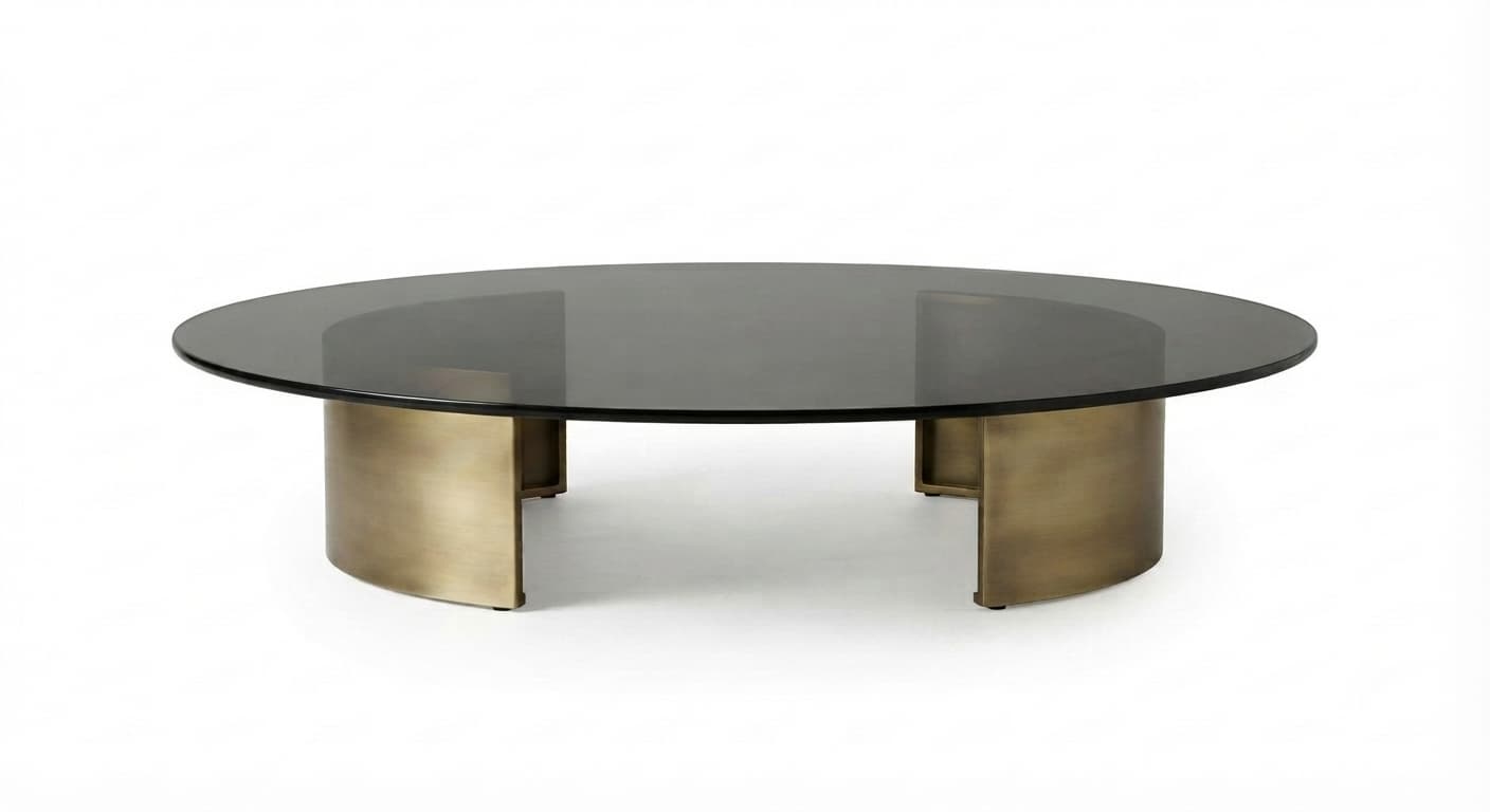 A round coffee table featuring a smoked glass top and a distinctive base made of antique brass-finished metal. The base is composed of two semi-circular or C-shaped supports, creating a visually open yet substantial foundation. The overall design suggests a contemporary or modern aesthetic. — 3D model