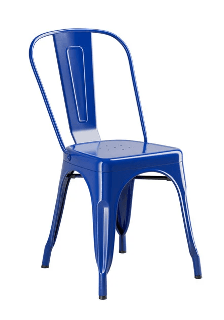A blue metal chair with a curved backrest and a perforated seat. The chair has four tapered legs and a compact, industrial-inspired design. It appears to be constructed from stamped metal components. — 3D model