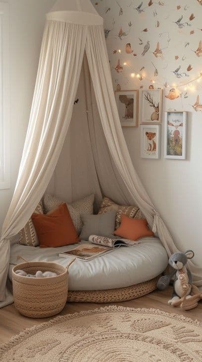 A children's reading nook featuring a cream-colored fabric canopy suspended from above, enclosing a large, round, light grey floor cushion. The cushion rests on a woven natural fiber mat, providing a soft and cozy seating or lounging area. Several accent pillows in cream and burnt orange shades are arranged on the cushion, along with a book. The nook is placed against a wall with whimsical wallpaper and string lights, enhancing its inviting atmosphere. A woven basket sits to the side, and a toy is visible nearby. — 3D model