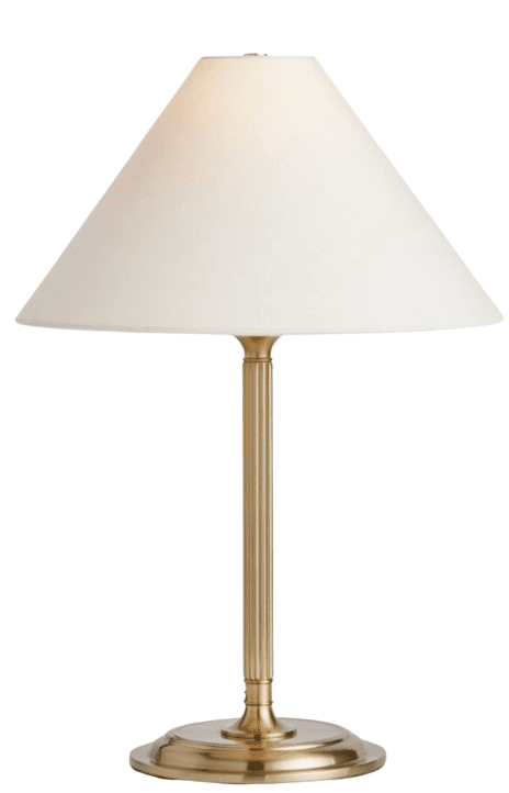 A brass table lamp featuring a circular stepped base supporting a slender, fluted column. The column extends upwards to hold a wide, conical white fabric shade. The lamp design appears classic and refined. — 3D model