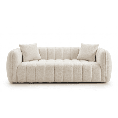 A contemporary off-white boucle channel-tufted sofa with rounded arms and two matching throw pillows. — 3D model