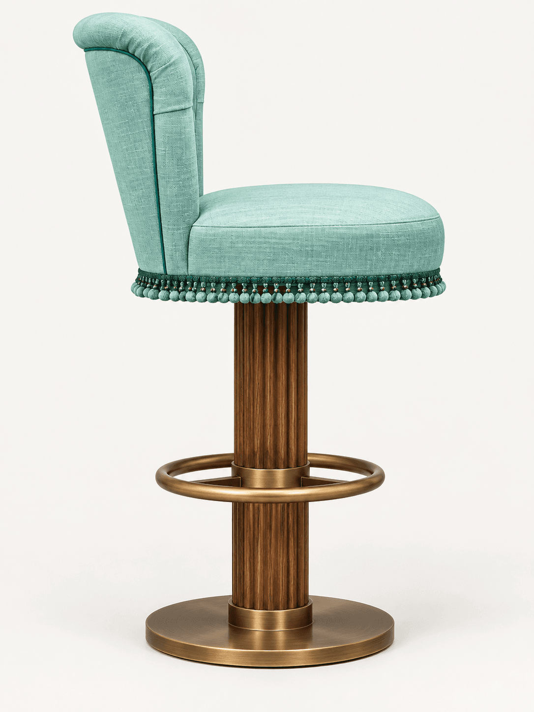 An Art Deco-inspired bar stool featuring a rounded, upholstered seat and a high, channel-tufted backrest, both covered in a textured aqua fabric. The seat edge is adorned with a decorative pom-pom trim in a matching teal color. The stool is supported by a single, fluted wooden column resting on a circular brass base. A circular brass footrest is attached to the column at an appropriate height. — 3D model