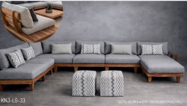 A modular outdoor sectional sofa featuring a natural teak wood frame and light grey fabric cushions. The configuration shown is a large U-shape, composed of multiple individual units including an armless chair, corner pieces, and chaises. Accent pillows with a chevron pattern are included. Two matching cube ottomans are also visible. — 3D model