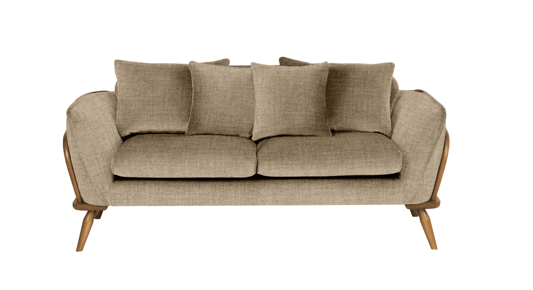 A two-seater loveseat featuring a light brown, textured fabric upholstery and an exposed, curved wooden frame that forms the armrests and supports the seat. It includes two loose seat cushions and four back cushions. The loveseat is supported by four tapered wooden legs, contributing to its modern aesthetic. — 3D model
