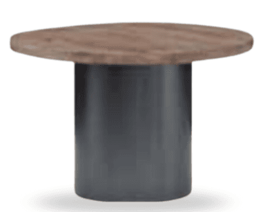 A modern side table characterized by an oval wooden tabletop supported by a single, sturdy cylindrical pedestal base in a dark matte finish. — 3D model