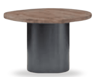 A modern side table characterized by an oval wooden tabletop supported by a single, sturdy cylindrical pedestal base in a dark matte finish. — 3D model