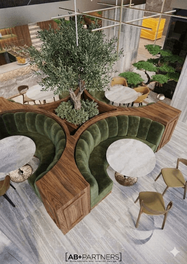 A modular booth seating arrangement with integrated tables and chairs, designed around a central planter with a tree. The booths feature plush, dark green upholstery and are framed by rich, dark wood paneling. The tables have white marble tops and textured bases. Several individual chairs with wooden frames and fabric seats are placed around the booth. — 3D model