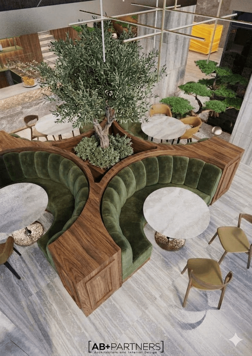 A modular booth seating arrangement with integrated tables and chairs, designed around a central planter with a tree. The booths feature plush, dark green upholstery and are framed by rich, dark wood paneling. The tables have white marble tops and textured bases. Several individual chairs with wooden frames and fabric seats are placed around the booth. — 3D model