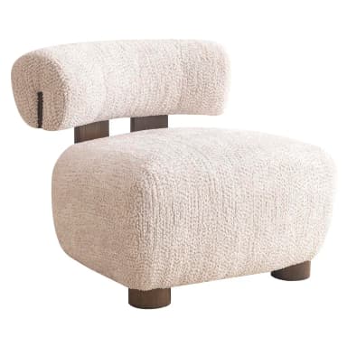 This lounge chair features a low-profile, rounded silhouette upholstered in a textured bouclé fabric. The seat and backrest are generously padded for comfort, with the backrest curving slightly to embrace the user. A dark wood frame is visible behind the upholstered backrest, providing structural support and a visual contrast to the soft upholstery. The chair rests on four short, cylindrical wooden legs, further emphasizing its grounded and sculptural form. — 3D model