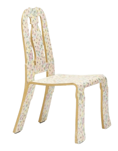 A single chair with a distinctly decorative pattern. The chair features a high, arched back with two cut-out silhouette figures, a seat, and four legs. The entire surface of the chair is covered in a repeating pattern of stylized flowers and dashes in pastel shades of pink, yellow, green, and blue, overlaid with thin black lines that create a textured effect. The legs have a subtle flare at the base. The overall form suggests a modern or post-modern design. — 3D model