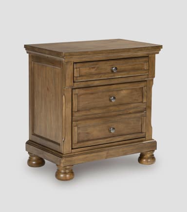 A transitional style nightstand crafted from wood with a rich brown finish, featuring a sturdy top surface, solid side panels, and distinctive turned bun feet. — 3D model