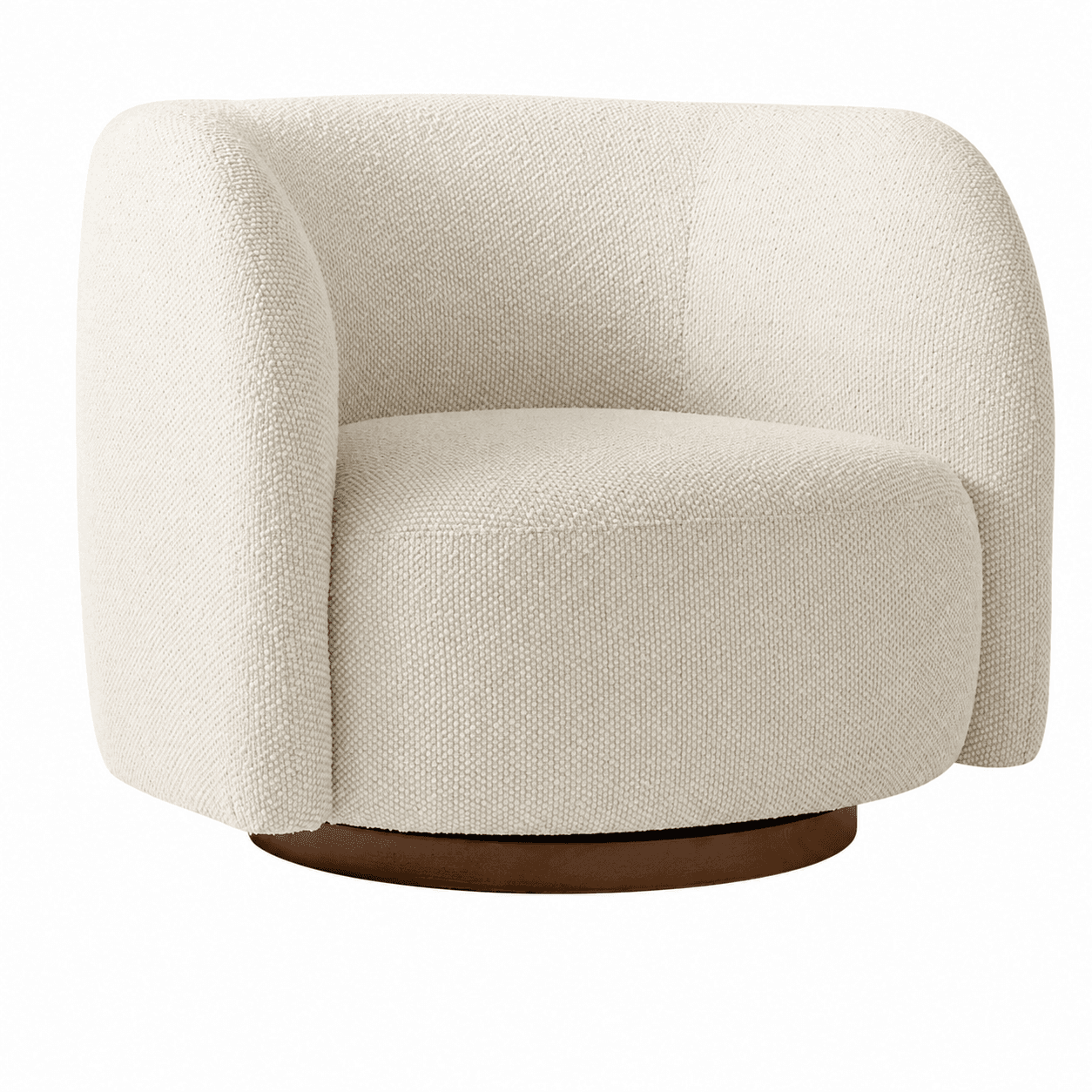 A contemporary upholstered lounge chair featuring a rounded, bucket-style silhouette, off-white bouclé fabric, and a dark wooden swivel base. — 3D model