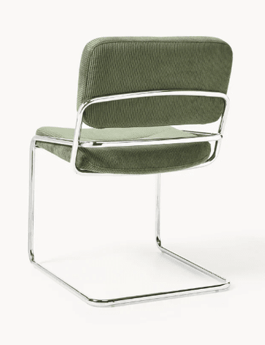 A modern armless chair featuring a polished chrome-plated tubular steel cantilever frame, supporting a padded seat and backrest upholstered in olive green corduroy fabric. — 3D model