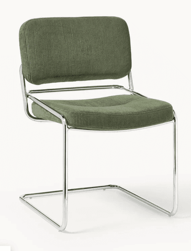 A modern armless chair featuring a polished chrome-plated tubular steel cantilever frame, supporting a padded seat and backrest upholstered in olive green corduroy fabric. — 3D model