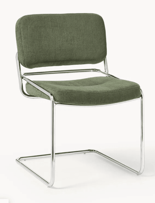 A modern armless chair featuring a polished chrome-plated tubular steel cantilever frame, supporting a padded seat and backrest upholstered in olive green corduroy fabric. — 3D model