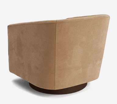 An upholstered barrel-shaped armchair with integrated arms and a swivel base, rendered in a light beige or camel-colored velvet-like fabric. — 3D model