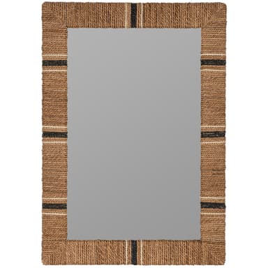 A rectangular mirror with a thick frame wrapped in natural fiber rope. The rope has alternating bands of black and white. The mirror is designed to be wall-mounted and reflects the surrounding environment. — 3D model