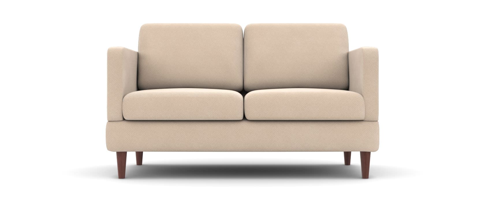 A two-seater sofa with a modern design. It features a rectangular base, two seat cushions, and two back cushions. The arms are integrated into the main body of the sofa and are slightly sloped. The sofa is supported by four tapered wooden legs. — 3D model
